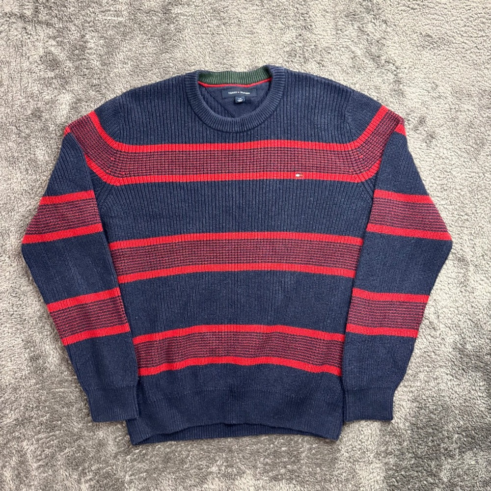 Tommy Hilfiger Mens Large Navy Blue Red Striped Ribbed Knit Crewneck Sweater